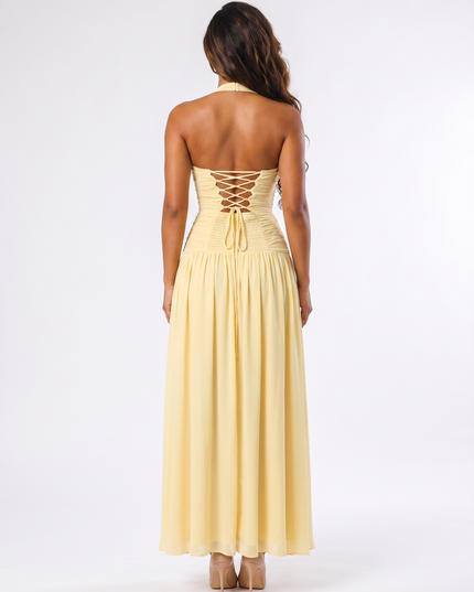 Lemon serena halter ruched maxi dress back view