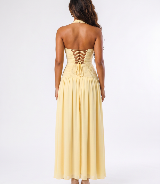 Lemon serena halter ruched maxi dress back view
