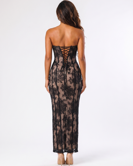 Black serena lace maxi dress back view