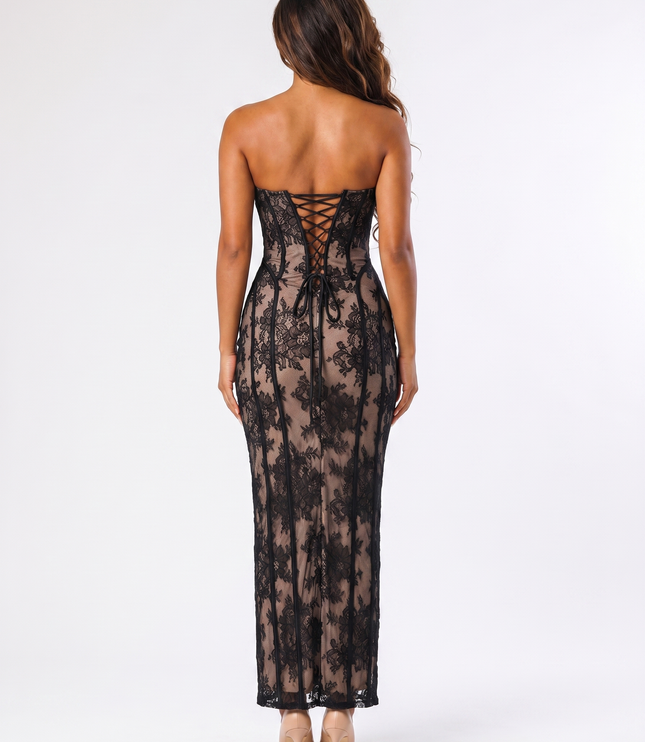Black serena lace maxi dress back view