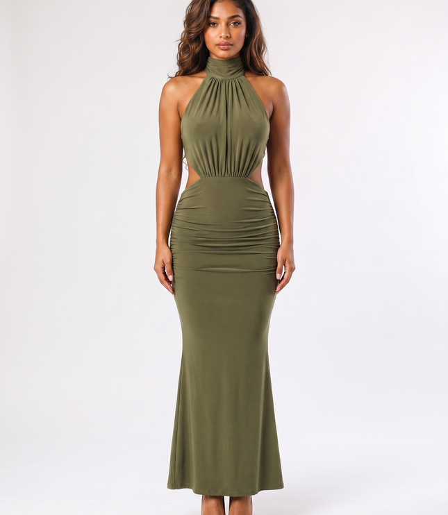 Olive serena ruched halter maxi dress front view