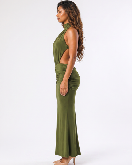 Olive serena ruched halter maxi dress side view