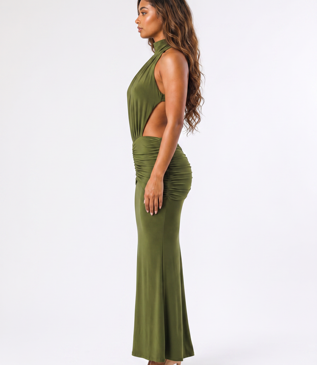 Olive serena ruched halter maxi dress side view