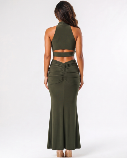 Olive serena ruched halter maxi dress back view