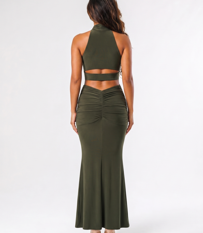 Olive serena ruched halter maxi dress back view