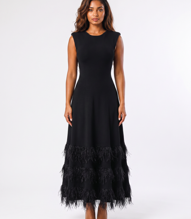 Black party feathered backless maxi dress front view