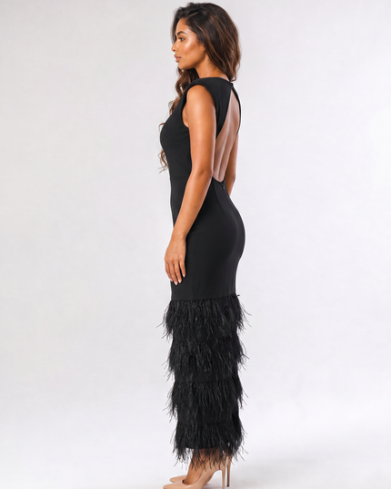 Black party feathered backless maxi dress side view