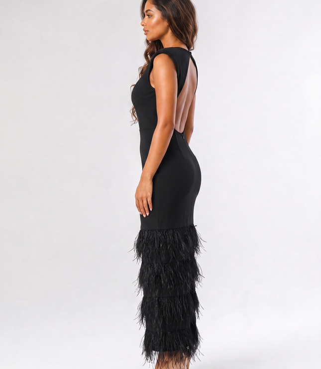 Black party feathered backless maxi dress side view