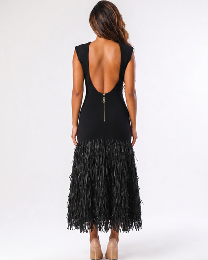 Black party feathered backless maxi dress back view with open back zipper