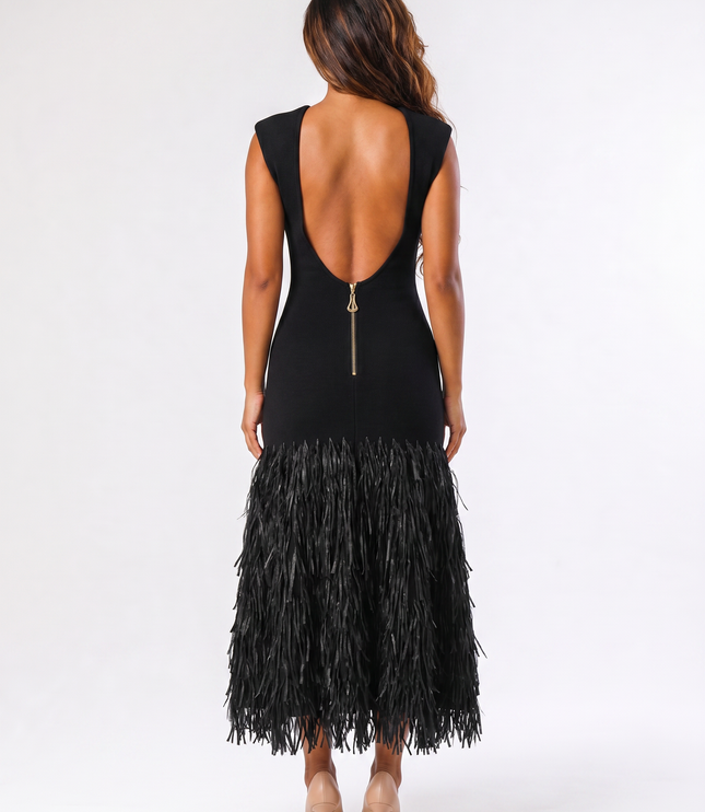 Black party feathered backless maxi dress back view with open back zipper