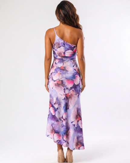 Purple floral one shoulder asymmetrical maxi dress back view