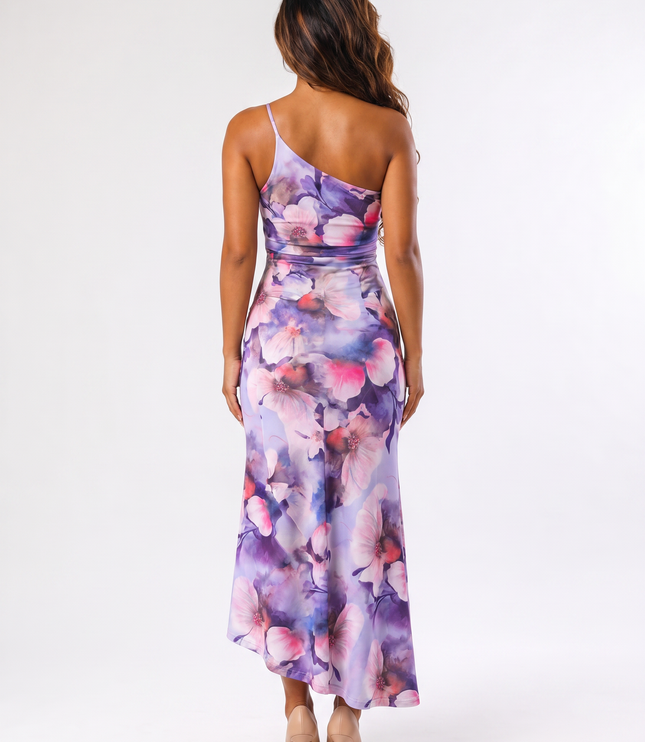 Purple floral one shoulder asymmetrical maxi dress back view