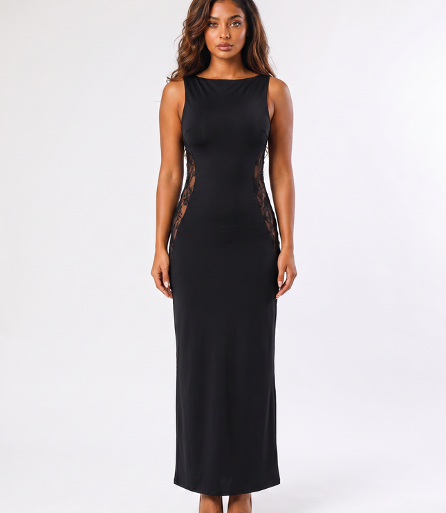 Black boat neck lace panel sleeveless maxi dress front view