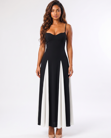 Black white panel sweetheart formal maxi dress front view