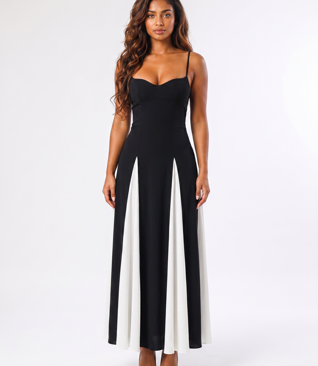 Black white panel sweetheart formal maxi dress front view
