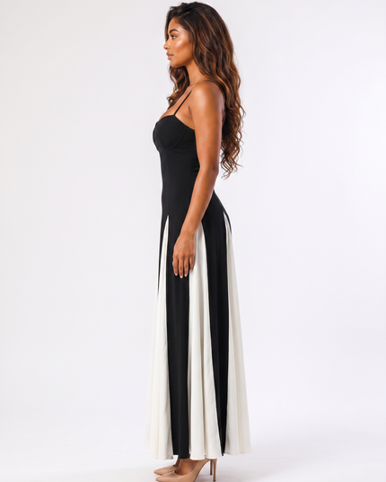 Black white panel sweetheart formal maxi dress side view
