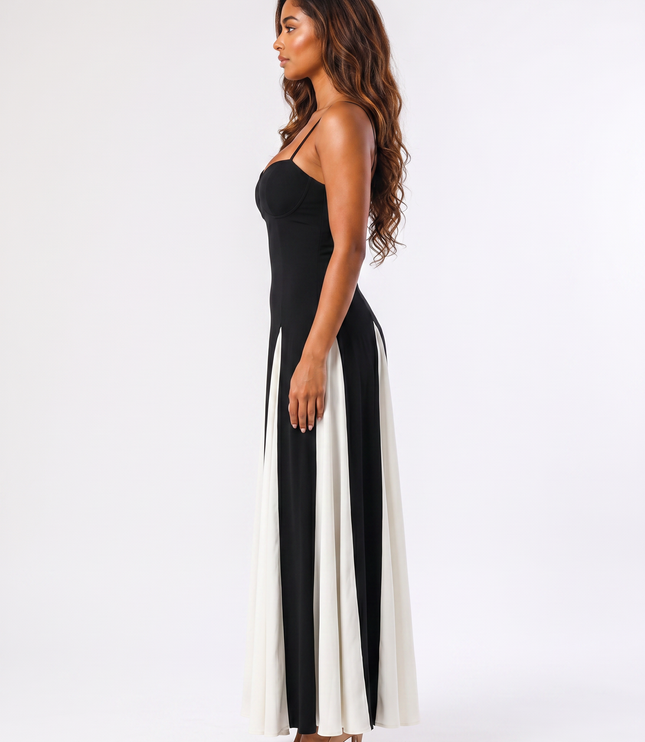 Black white panel sweetheart formal maxi dress side view