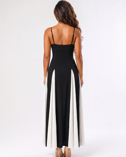 Black white panel sweetheart formal maxi dress back view