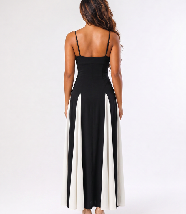 Black white panel sweetheart formal maxi dress back view