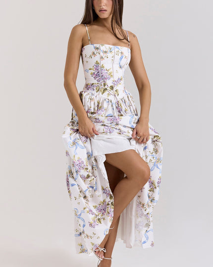 Closeup front of ivory floral corset midi dress showing boning seams and straight neckline