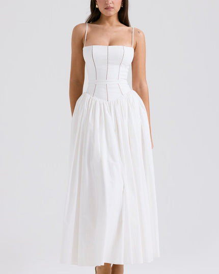 White corset midi dress with spaghetti straps and full skirt, clean front view summer dress
