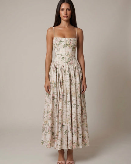 Cream floral corset midi dress with subtle grid print, spaghetti straps, front view summer dress