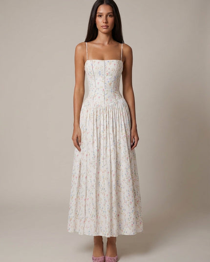 White floral corset midi dress with spaghetti straps and gathered skirt, front view summer dress