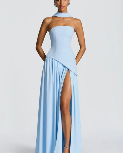 Front view of sky blue halter maxi dress with high side slit and draped skirt