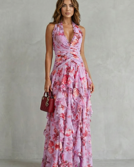 Full-length lilac floral halter maxi dress featuring ruffled neckline, ruched bodice, and tiered skirt