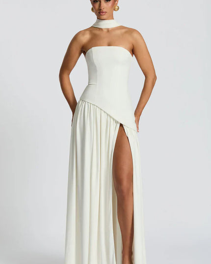Ivory halter maxi dress with strapless bodice, high slit, and soft scarf neckline