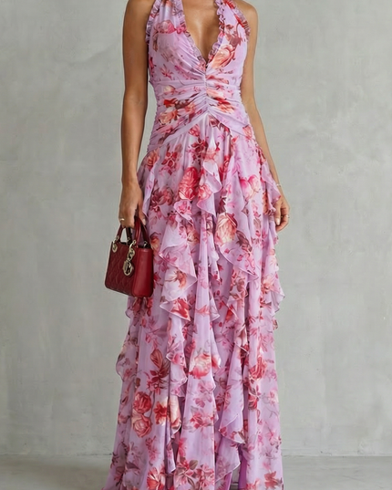 Lilac floral halter maxi dress with deep v-neck and ruched waist, layered ruffle skirt front view