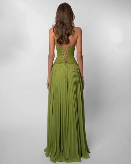 Back view olive green halter lace maxi dress with corset lace-up bodice and pleated skirt