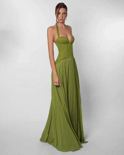 Three-quarter side view olive halter lace maxi dress showing fitted corset bodice and flowy skirt