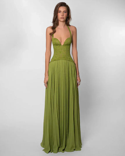 Olive green halter lace maxi dress with plunging neckline and pleated skirt, front view