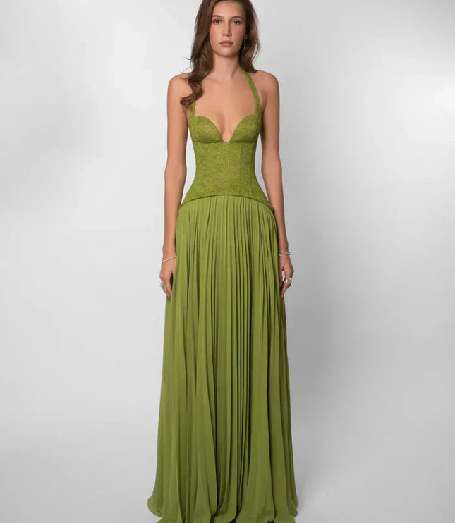 Olive green halter lace maxi dress with plunging neckline and pleated skirt, front view