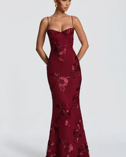 Burgundy lace maxi dress with floral appliqué and sweetheart bustier neckline, front view