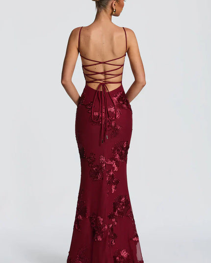 Burgundy lace maxi dress back view with strappy open back and tie detail