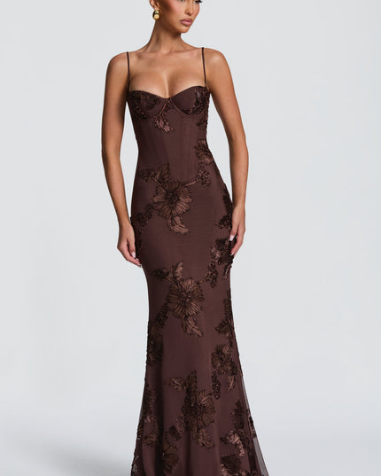 Chocolate brown lace maxi dress front view with sweetheart corset bodice and floral lace