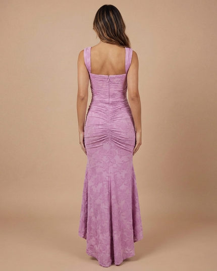 Lavender lace midi dress back view with wide straps, center zipper, ruched back and flared high-low skirt
