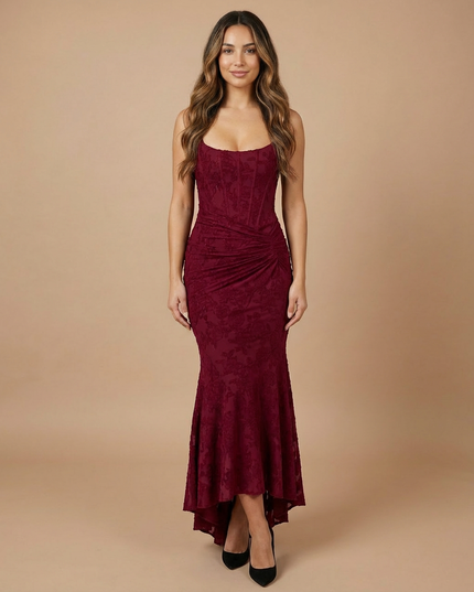 Burgundy lace midi dress with square neckline, corset-style bodice, and draped waist front