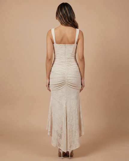 Cream lace midi dress back view with wide straps, center zipper, ruched back detail and flared skirt