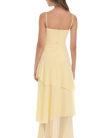Back view pale yellow corset ruffled maxi dress with thin straps, zipper back, tiered skirt