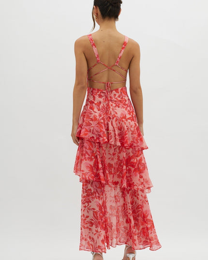 Pink floral ruffled maxi dress back view with open back and crisscross tie straps