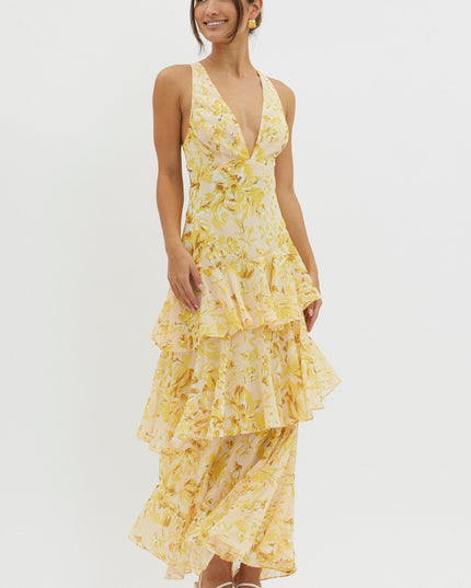 Yellow floral ruffled maxi dress with deep v-neck and tiered skirt, front view summer dress