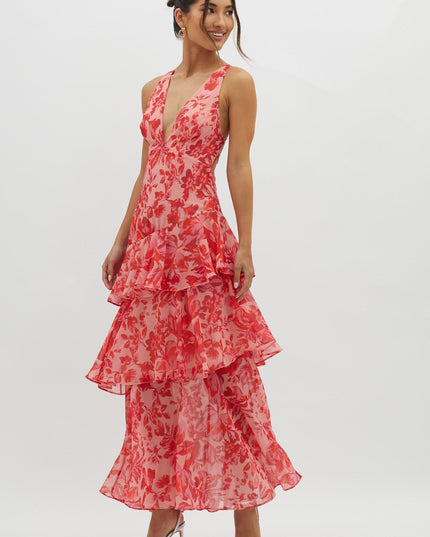 Pink floral ruffled maxi dress with deep v-neck and tiered skirt, front view summer dress
