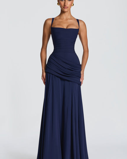 Navy square neck satin maxi dress with ruched waist and draped skirt, front view