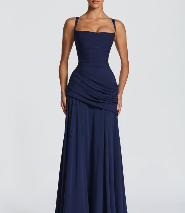 Navy square neck satin maxi dress with ruched waist and draped skirt, front view