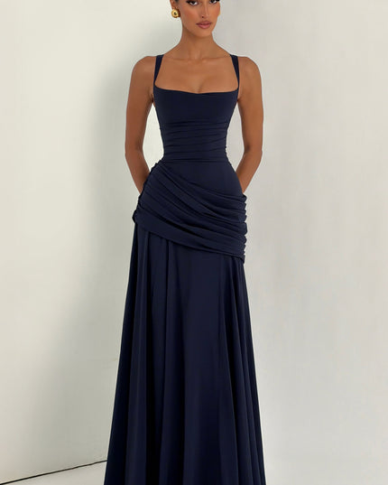 Navy square neck satin maxi dress with ruched bodice and flowing skirt, side view