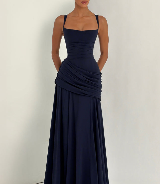 Navy square neck satin maxi dress with ruched bodice and flowing skirt, side view