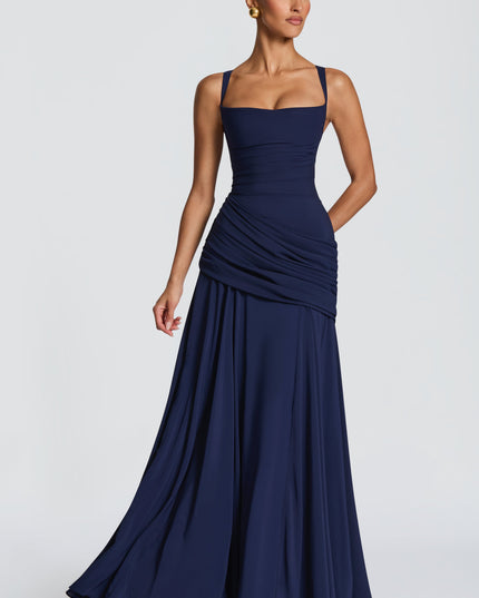 Close back view of navy satin maxi dress with square back neckline and smooth fitted straps